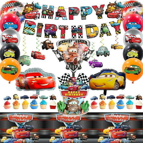 Cars Birthday Party Supplies, 38 Pcs Car Theme Party Decorations Set - Cars Birthday Decorations Banner Tablecloth & Cars Balloons Cake Topper etc Cars Party Supplies