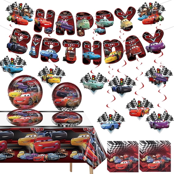 Cars Birthday Party Supplies, Cars Party Decorations and Tableware Set Includes Banner Hanging Swirls Paper Plates Napkins and Tablecloth