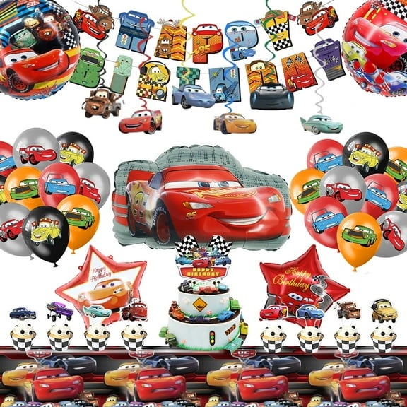 Cars Birthday Party Supplies, Party Decorations Set Include Banner, Hanging Swirls,Balloons, Cake Cupcake Toppers, Tablecloth for Boys Girls Cars Theme Party