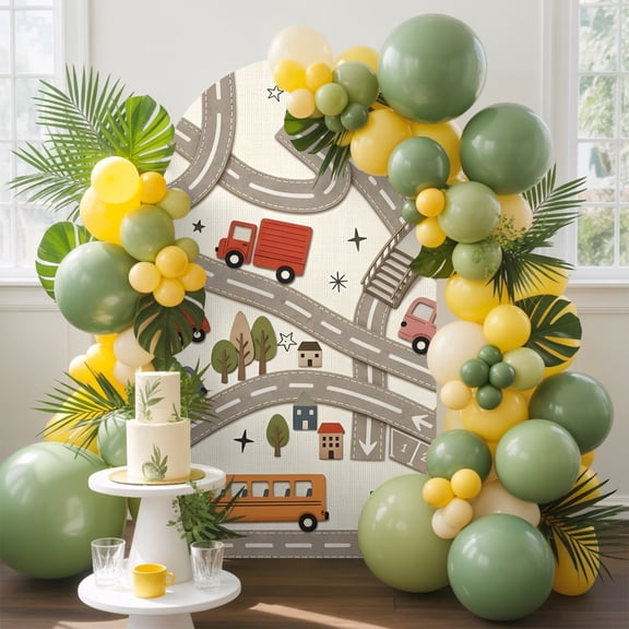 Cars Buses Arch Backdrop Cover, 5FT, Winding Roads Buildings Trees Spandex Arch Covers Double-Sided Backdrop for Wedding Birthday Party Photo Background Decoration