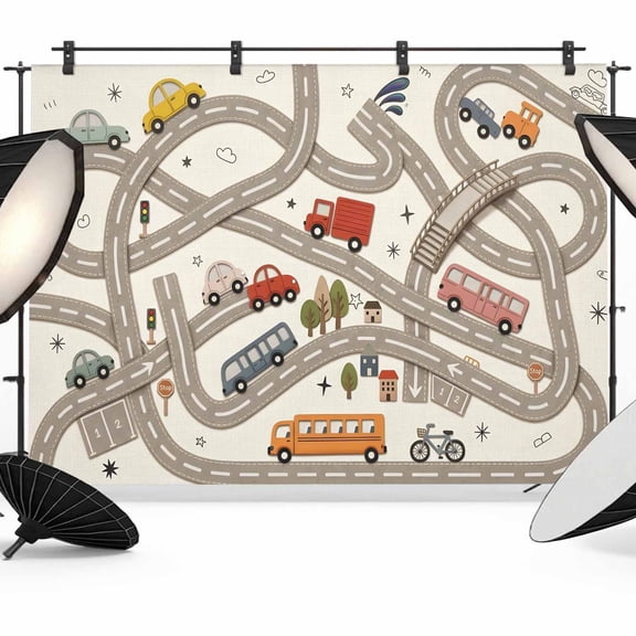 Cars Buses Backdrops for Photography, Winding Roads Buildings Trees Fabric Photo Background Sturdy Studio Props for Photo Studio, Video Recording, Booth & Photoshoot 12x8ft