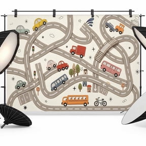 Cars Buses Backdrops for Photography, Winding Roads Buildings Trees Fabric Photo Background Sturdy Studio Props for Photo Studio, Video Recording, Booth & Photoshoot 7x5ft