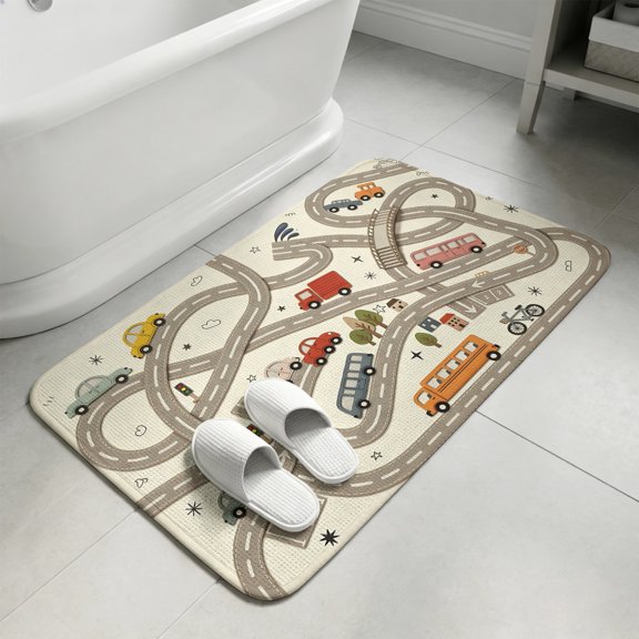 Cars Buses Bathroom Rugs Non Slip Washable Bath Mat Absorbent Front Door Mat Cartoon Grey City Street Map Traffic Educational Indoor Doormat for Kitchen Entryway Shower Decor Accessories 15.7"x23.6"