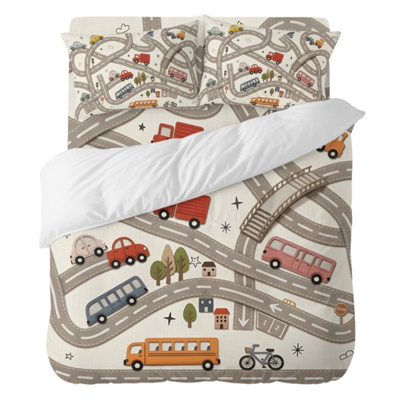 Cars Buses Bedding Duvet Cover Set California King Size 4 Pieces, Winding Roads Buildings Trees Bedding Set with Zipper Closure, 1 Comforter Cover 96x104 Inches 1 Flat Sheet & 2 Pillow Cases