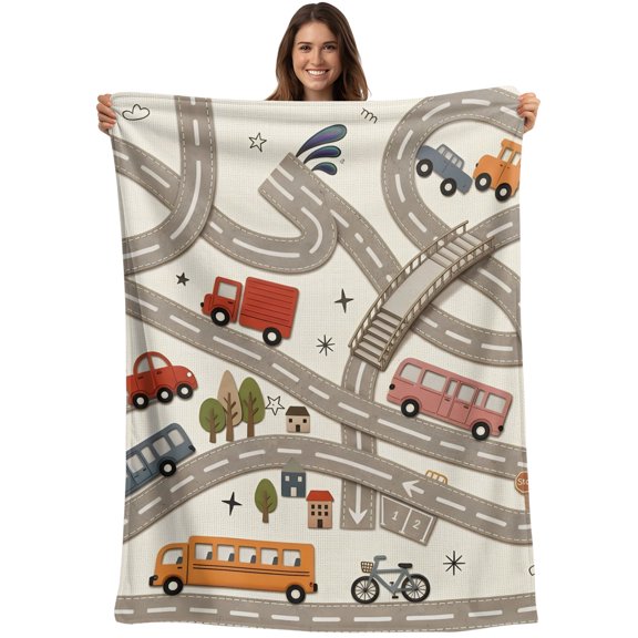 Cars Buses Blanket Soft Cozy Warm Throw Blanket for Couch, Plush Fuzzy Flannel Blankets for Sofa, Cartoon Grey City Street Map Traffic Educational Bed Blankets Lightweight Gifts for Women, 30"x40"