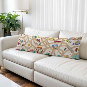 Cars Buses Body Pillow Cover, Pillowcase Protectors with Zipper, Breathable Decorative Throw Pillow Case Cover, Cartoon Brown City Street Map Traffic Educational Pillow Shams for Couch Sofa 20x54Inch