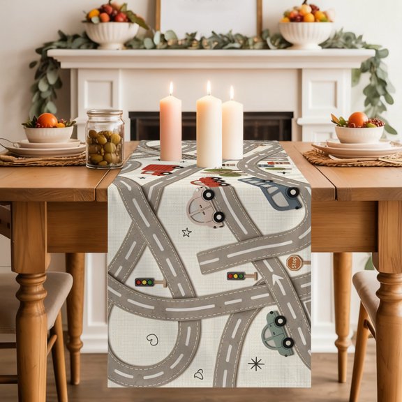 Cars Buses Dining Table Runner, Winding Roads Buildings Trees Washable Table Runners Kitchen Coffee Table Center Decor for Home Party Holiday Wedding 13 x 36 Inches