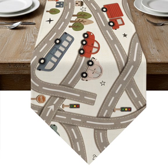 Cars Buses Table Runner Linen Burlap Table Runner 36 Inches Small Cartoon Grey City Street Map Traffic Educational Dresser Scarves for Kitchen Island Coffee Dining Room Party Holiday Decor 13"x36"