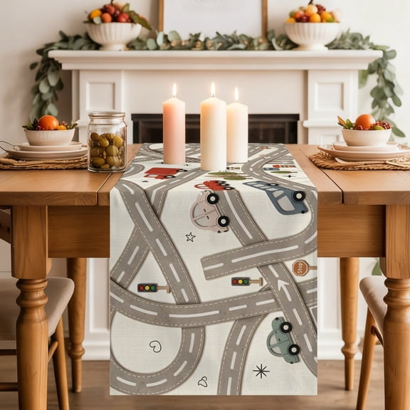 Cars Buses Table Runner, Winding Roads Buildings Trees Washable Cotton-linen Table Runners Dining Kitchen Decoration for Everyday Home Wedding Party Decor, 13 x 36 Inch