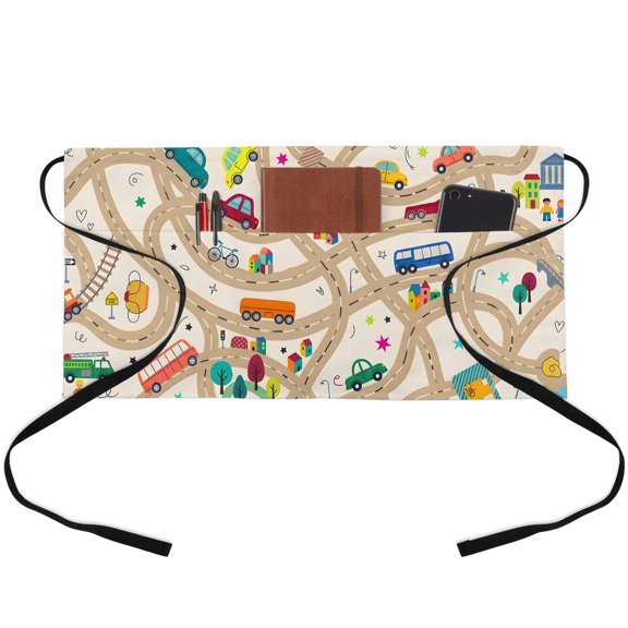 Cars Buses Waitress Apron with 3 Pockets, Cartoon Brown City Street Map Traffic Educational Server Aprons Waterproof Kitchen Restaurant Half Waist Apron for Men Women