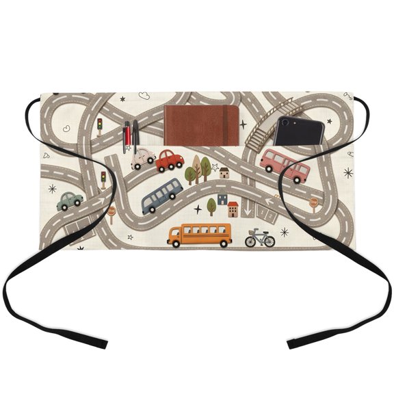 Cars Buses Waitress Apron with 3 Pockets, Cartoon Grey City Street Map Traffic Educational Server Aprons Waterproof Kitchen Restaurant Half Waist Apron for Men Women