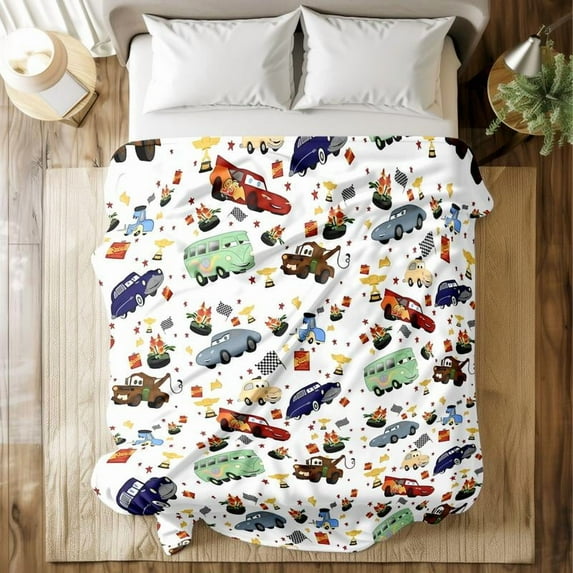 Flannel Throw Blanket - Soft Plush, Cute Car Prints, Double Warmth for Bed Sofa Dorm Travel, Gift for Kids & Car Fans