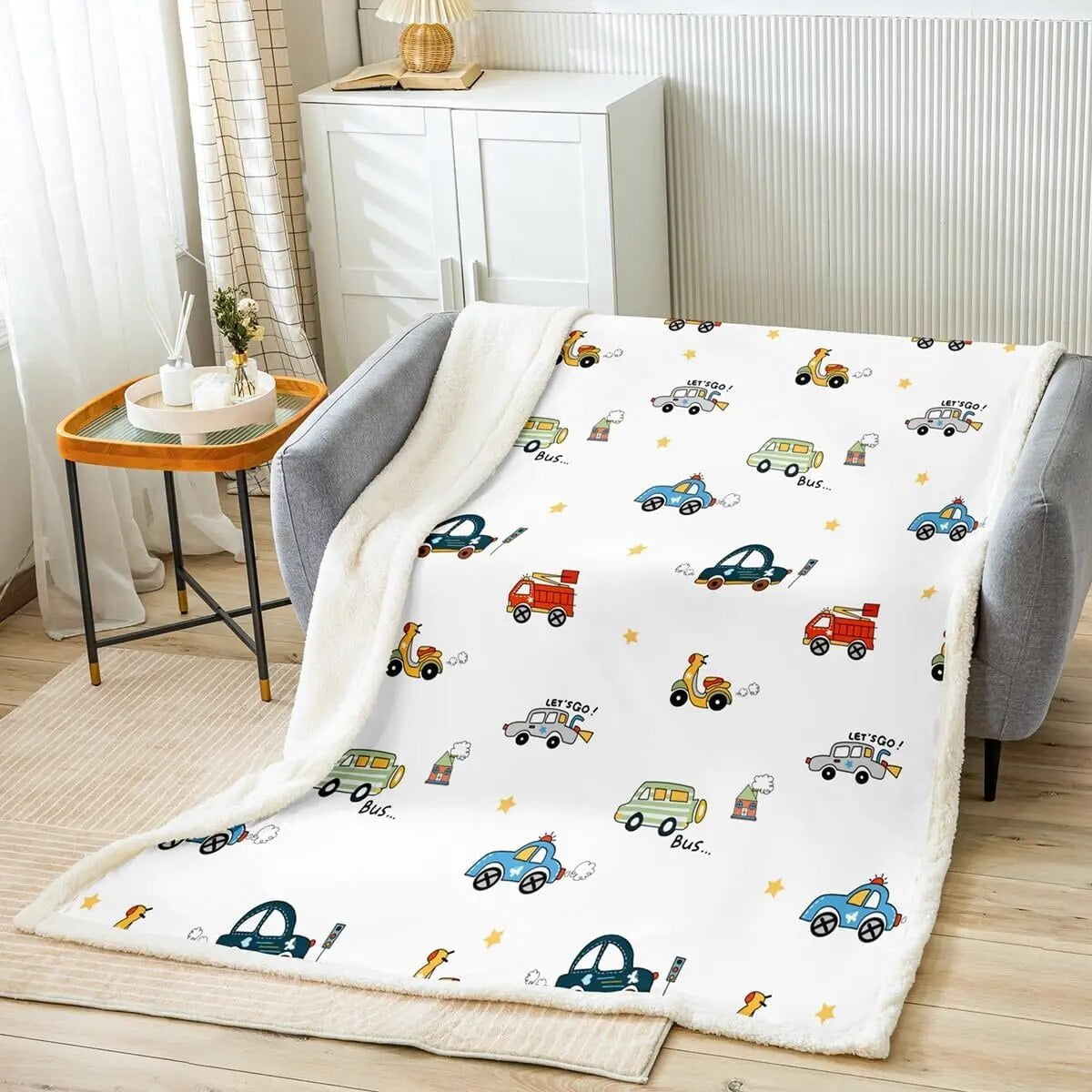 Cars Cartoon Sherpa Blanket Cartoon Cars Bus Print Fleece Throw Blanket