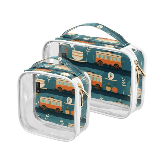 Cars Coffee Oranges Clear Cosmetic Bags with Handles PVC Toiletry Bags Zipper Waterproof Portable for Traveling 2 Pcs
