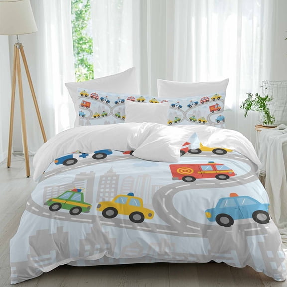 Cars Comforter Set Twin Size, Cartoon Cars Road City Silhouette Clouds Blue Texture Soft Bedding Set for Man Woman, 4 Pieces Duvet Cover Set with Fitted Sheet, 2 Pillowcases