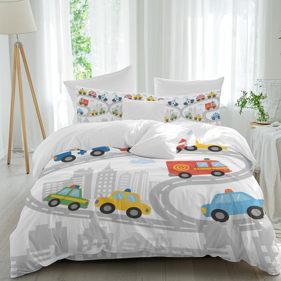 Cars Comforter Set Twin Size, Cartoon Cars Road City Silhouette Clouds Soft Bedding Set for Man Woman, 4 Pieces Duvet Cover Set with Fitted Sheet, 2 Pillowcases