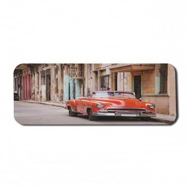 Cars Computer Mouse Pad, Classical American Car in a Street with Houses Caribbeans Havana Cuba, Rectangle Non-Slip Rubber Mousepad Large, 31" x 12" Gaming Size, Orange Sand Brown, by Ambesonne
