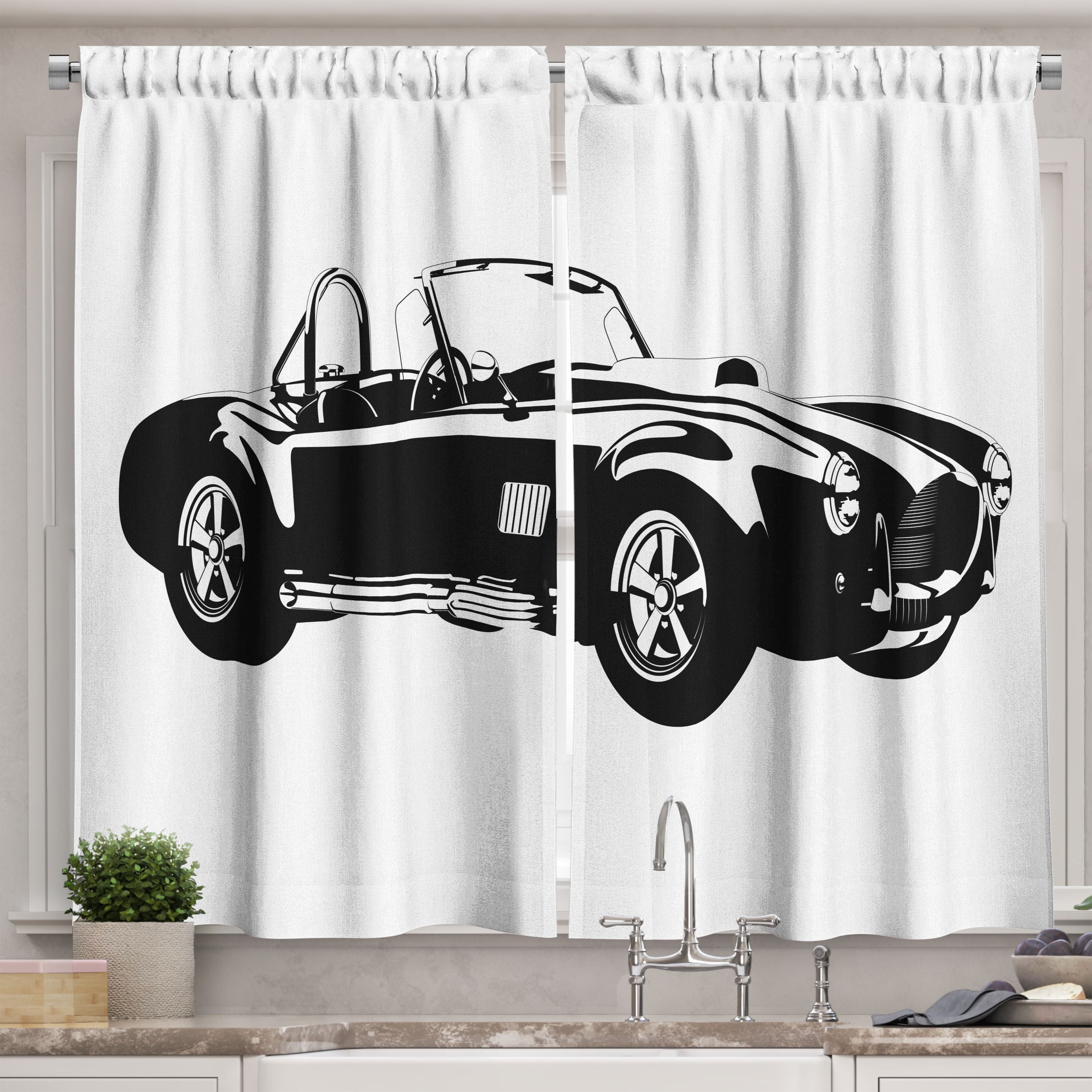 Cars Curtains 2 Panels Set, Silhouette Classic Sport Car Ac Cobra