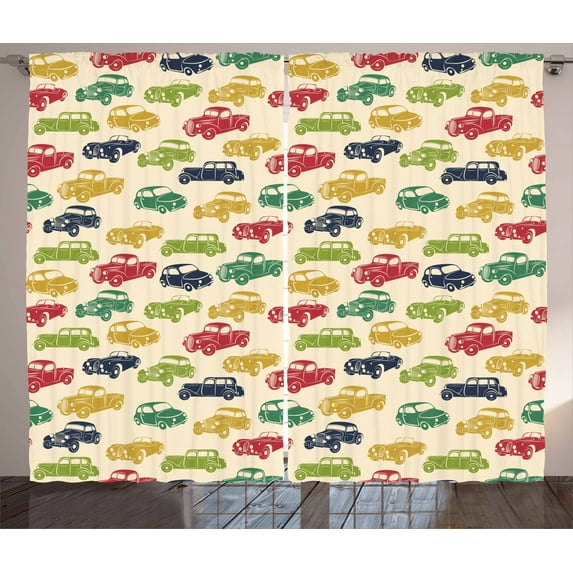Ambesonne Cars Curtains 2 Panel Set, Curved Edged Vehicle Drawn, 108" x 63", Dark Blue Red Fern Green