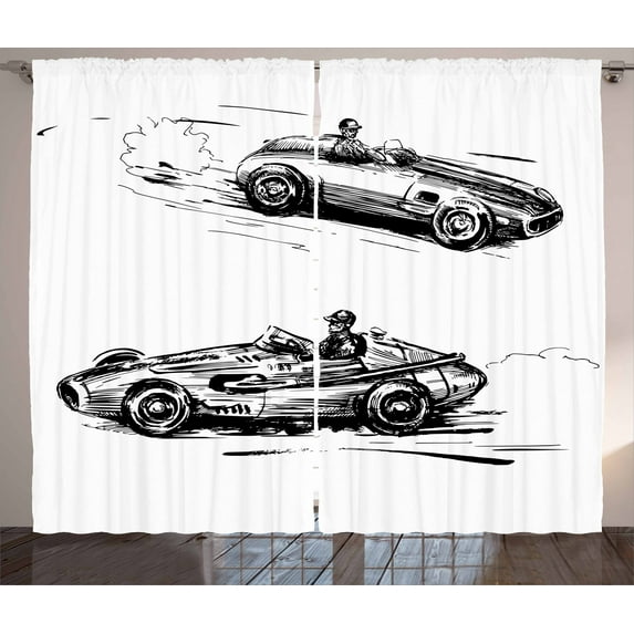 Ambesonne Cars Curtains 2 Panel Set, Racing Vehicles Sketch, 108" x 84", Black White