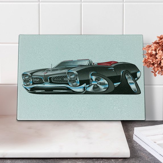 Cars Cutting Board, American Nostalgic Sports Muscle Car with Speeding Wheels Tires Print, Decorative Tempered Glass Cutting and Serving Board, Small Size, Pale Grey Blue, by Ambesonne