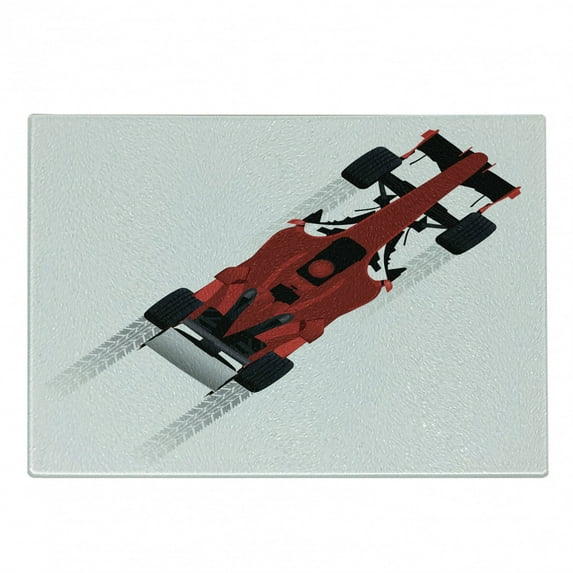 Cars Cutting Board, Formula Car on Speedway Championship Fast Performance Rally Strong Vehicle, Decorative Tempered Glass Cutting and Serving Board, Small Size, Red Black Pale Grey, by Ambesonne