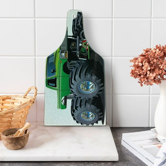 Cars Cutting Board, Giant Monster Pickup Truck Large Tires and Suspension Extreme Biggest Wheel Print, Decorative Tempered Glass Cutting and Serving Board, Wine Bottle Shape, Green Grey, by Ambesonne