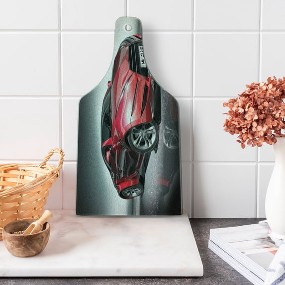 Cars Cutting Board, Modern Era Sports Car Designed for Spirited Performance and Fast Speed Racing Print, Decorative Tempered Glass Cutting and Serving Board, Wine Bottle Shape, Grey Red, by Ambesonne