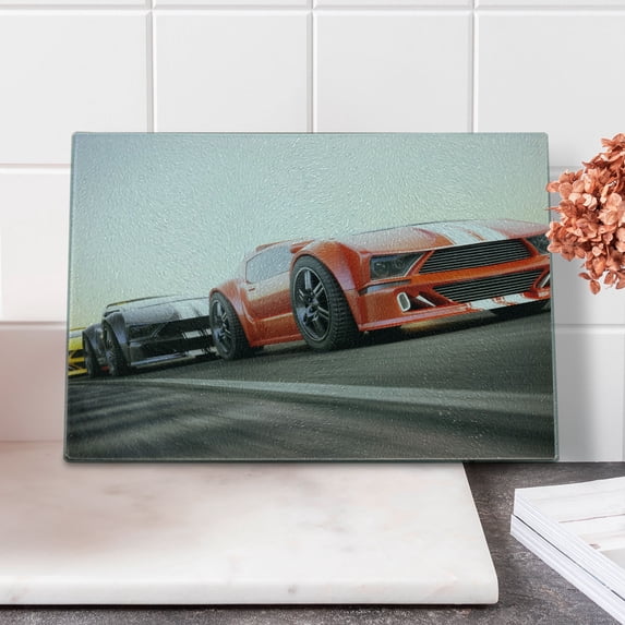 Cars Cutting Board, Sports Car Competing on Highway Chasing Another Team Champion Win Fast Life Image, Decorative Tempered Glass Cutting and Serving Board, Small Size, Red Grey, by Ambesonne