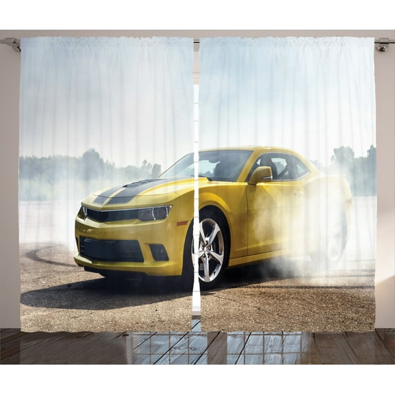 Ambesonne Cars Curtains 2 Panel Set, Racing Sports Drifting Men, 108" x 84", Yellow