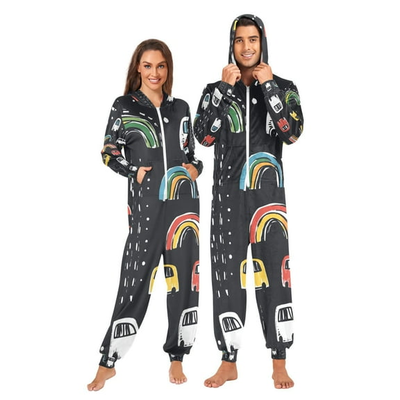 Cars Doodle Adult Onesie Pajamas Slim Fit Christmas One Piece Suit Pjs for Women and Men Hooded Zipper
