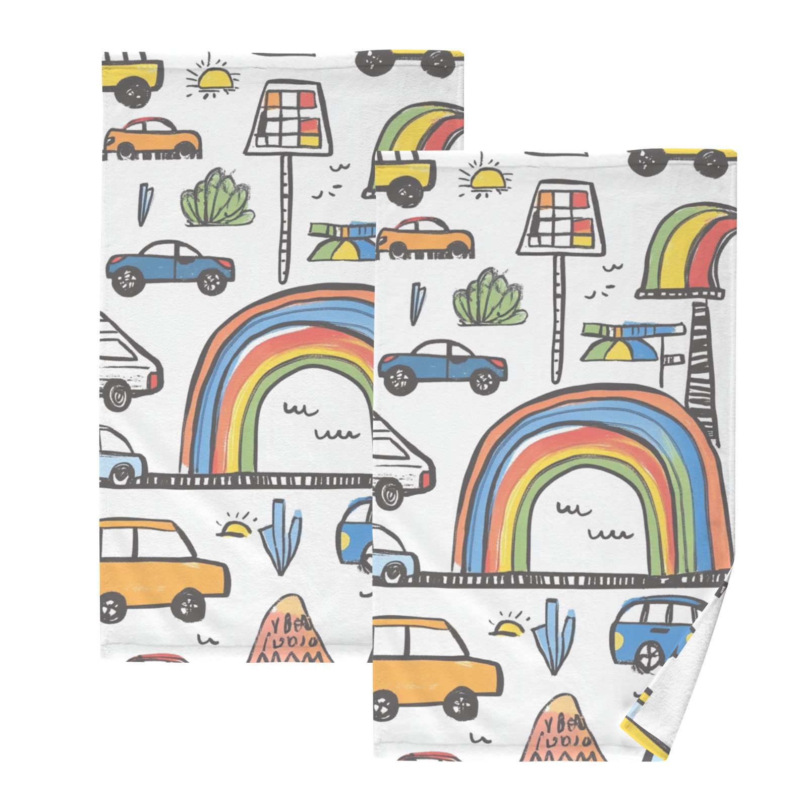 Cars Doodle Rainbows Hand Towels Cotton Bath Towels Large Face Towels Absorbent for Bathroom 2 Packs