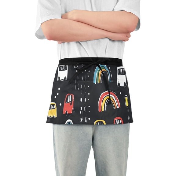 Cars Doodle Waist Apron Adjustable Server Half Apron Kitchen Cooking with 3 Pockets for Men Women