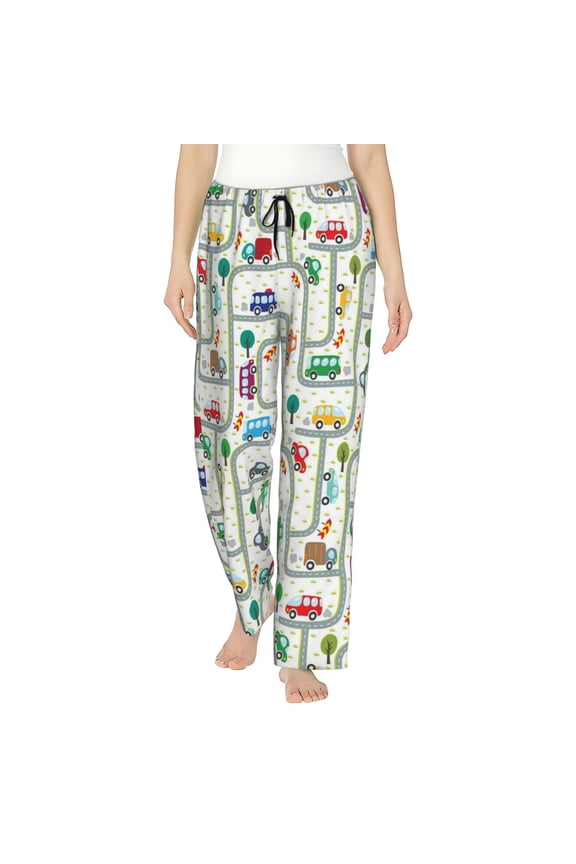 Cars Driving on the Roads Women's Comfy Pajama Pants with Pockets,Soft Stretch Drawstring Lounge Pants, Soft Casual Wide Leg PJS Sleep Bottoms X-Large
