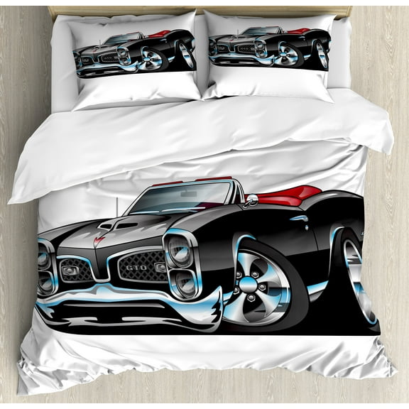 Cars Duvet Cover Set, American Nostalgic Sports Muscle Car with Speeding Wheels Tires Print, Decorative 3 Piece Bedding Set with 2 Pillow Shams, Queen Size, Pale Grey Blue, by Ambesonne