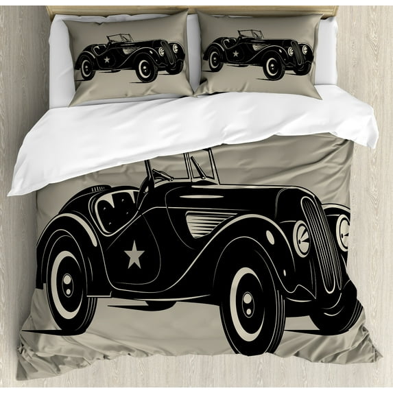 Cars Duvet Cover Set, Classic Italian Model Nostalgic Car 50's Star Sign Pop Art Hobby Old-Fashion Image, Decorative 3 Piece Bedding Set with 2 Pillow Shams, Queen Size, Brown Black, by Ambesonne