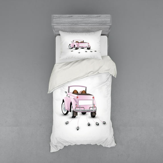 Ambesonne Love Bedding Set 3 Pcs, Just Married Cartoon Car, Twin XL, Pink White