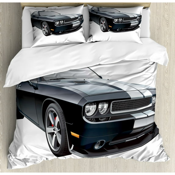 Cars Duvet Cover Set King Size, Black Modern Pony Car with White Racing Stripes Coupe Sports Dragster Print, Decorative 3 Piece Bedding Set with 2 Pillow Shams, Black Grey White, by Ambesonne