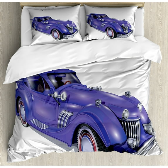 Cars Duvet Cover Set King Size, Custom Vehicle with Aerodynamic Design for High Speeds Cool Wheels Hood Spoilers, Decorative 3 Piece Bedding Set with 2 Pillow Shams, Violet Blue, by Ambesonne