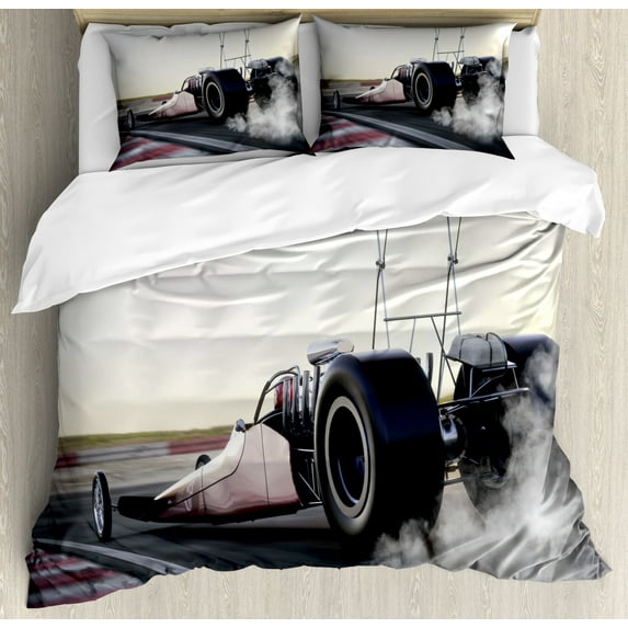 Cars Duvet Cover Set King Size, Dragster Racing down The Track with Burnout Competition Speed Sports Technology, Decorative 3 Piece Bedding Set with 2 Pillow Shams, Grey Black White, by Ambesonne