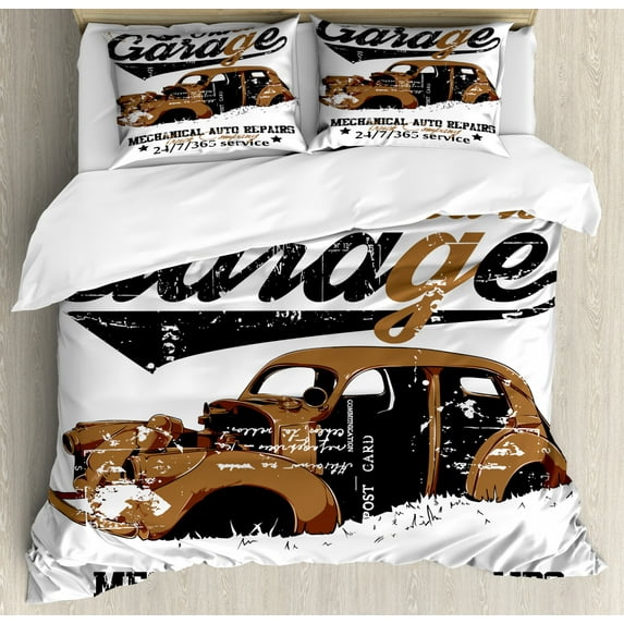 Cars Duvet Cover Set King Size, Old Garage Mechanical Auto Repairs Truck Company Skull Grunge Display, Decorative 3 Piece Bedding Set with 2 Pillow Shams, Pale Brown Black White, by Ambesonne