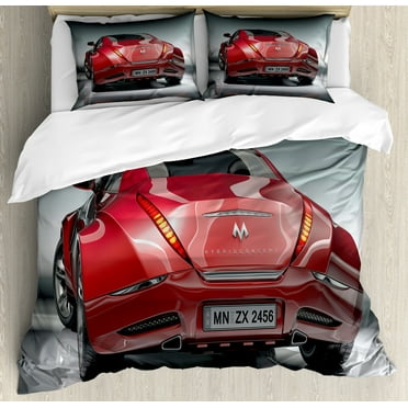 Cars Duvet Cover Set King Size, Red Sports Car Concept Design Realistic Powerful Engine Vehicle Speed Automobile, Decorative 3 Piece Bedding Set with 2 Pillow Shams, Red Black Gray, by Ambesonne