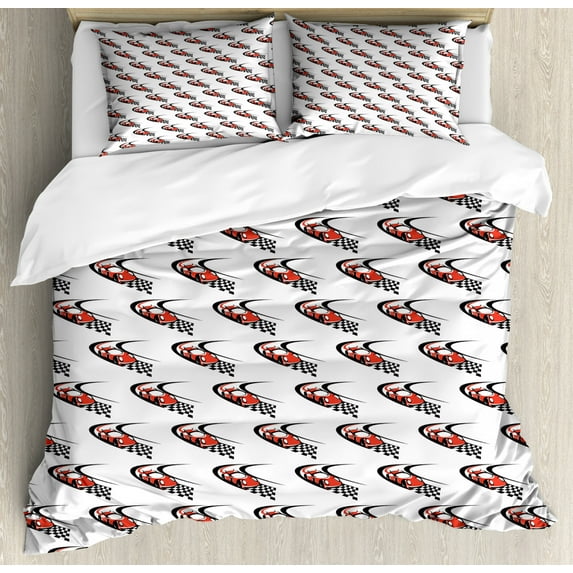 Cars Duvet Cover Set King Size, Speeding Fast Red Race Car on a Formula Rally Near the Finishing Line Wining, Decorative 3 Piece Bedding Set with 2 Pillow Shams, Scarlet Black White, by Ambesonne