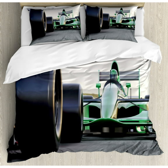 Cars Duvet Cover Set King Size, Sports Theme Indy Cars on an Asphalt Road with Motion Blur Formula Race Print, Decorative 3 Piece Bedding Set with 2 Pillow Shams, Grey Black Green, by Ambesonne