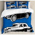 thumbnail image 1 of Cars Duvet Cover Set Queen Size, Black and White Vintage Cars on Navy Blue Backdrop Classic Old Vehicles, Decorative 3 Piece Bedding Set with 2 Pillow Shams, Navy Blue Black White, by Ambesonne, 1 of 3