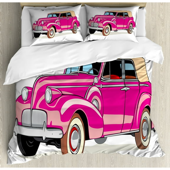 Cars Duvet Cover Set Queen Size, Convertible Car Fifties Curved Edges Vintage Vehicle Vibrant Colored Automobile, Decorative 3 Piece Bedding Set with 2 Pillow Shams, Hot Pink Peach, by Ambesonne