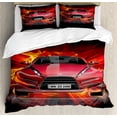 thumbnail image 1 of Cars Duvet Cover Set Queen Size, Front View of a Fire Car Speeding Hot Flames on Abstract Backdrop Concept Design, Decorative 3 Piece Bedding Set with 2 Pillow Shams, Red Orange Black, by Ambesonne, 1 of 3