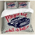 thumbnail image 1 of Cars Duvet Cover Set Queen Size, Hot as Hell Muscle Car Quote Classic Vintage Sports Car in Navy Blue, Decorative 3 Piece Bedding Set with 2 Pillow Shams, Navy Blue Red Pale Grey, by Ambesonne, 1 of 3