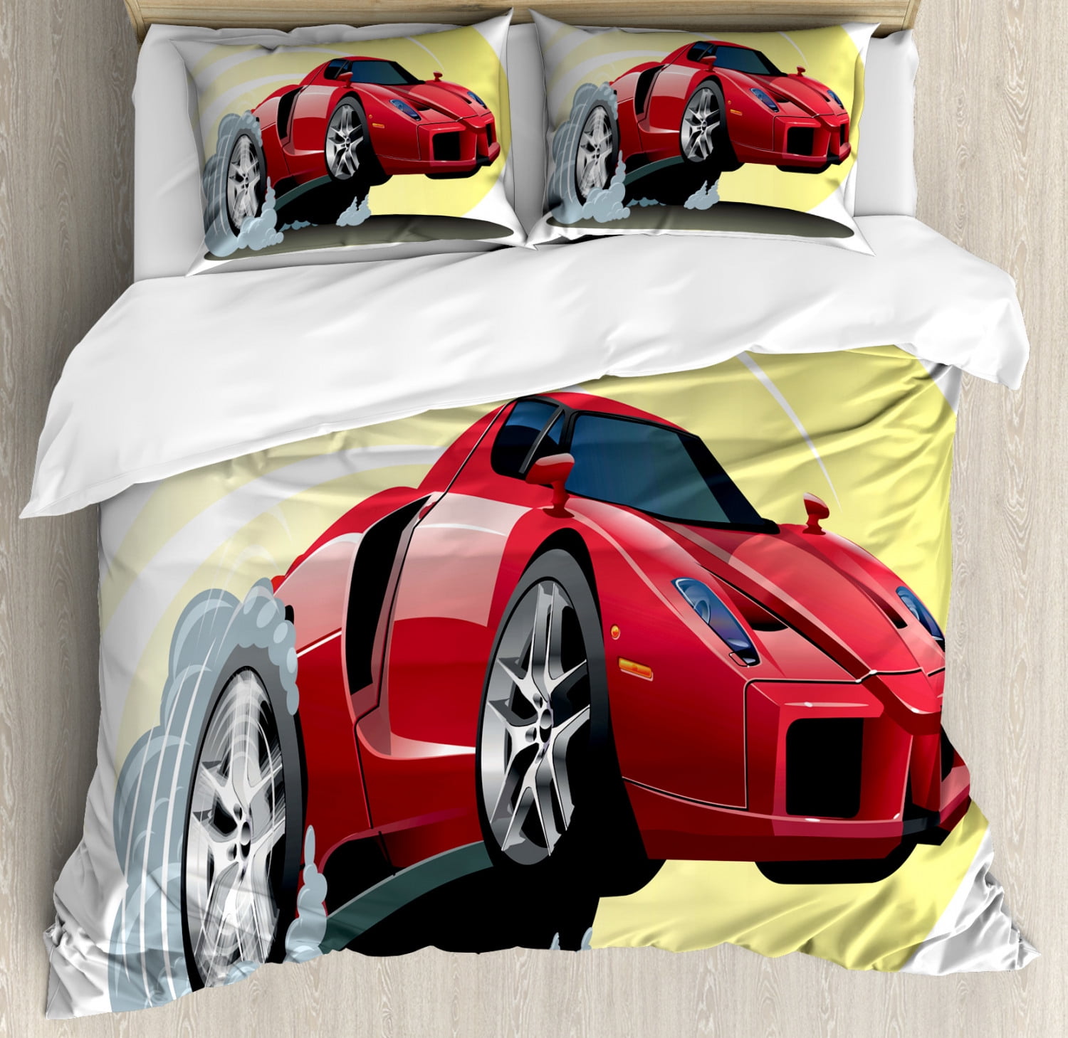 Red and Yellow Cartoon Car Queen Microfiber Duvet Cover Set