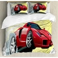 thumbnail image 1 of Cars Duvet Cover Set Queen Size, Powerful Cartoon Red Car Speeding Jumping with Smoke Coming Out Of Giant Tires, Decorative 3 Piece Bedding Set with 2 Pillow Shams, Red Yellow Gray, by Ambesonne, 1 of 3